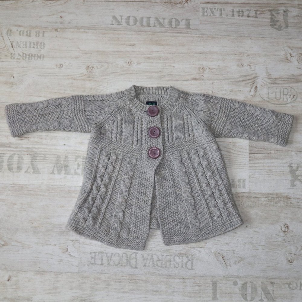 Mini Boden Wool Cardigan Sweater Girls 12-18M Beige Cable Knit